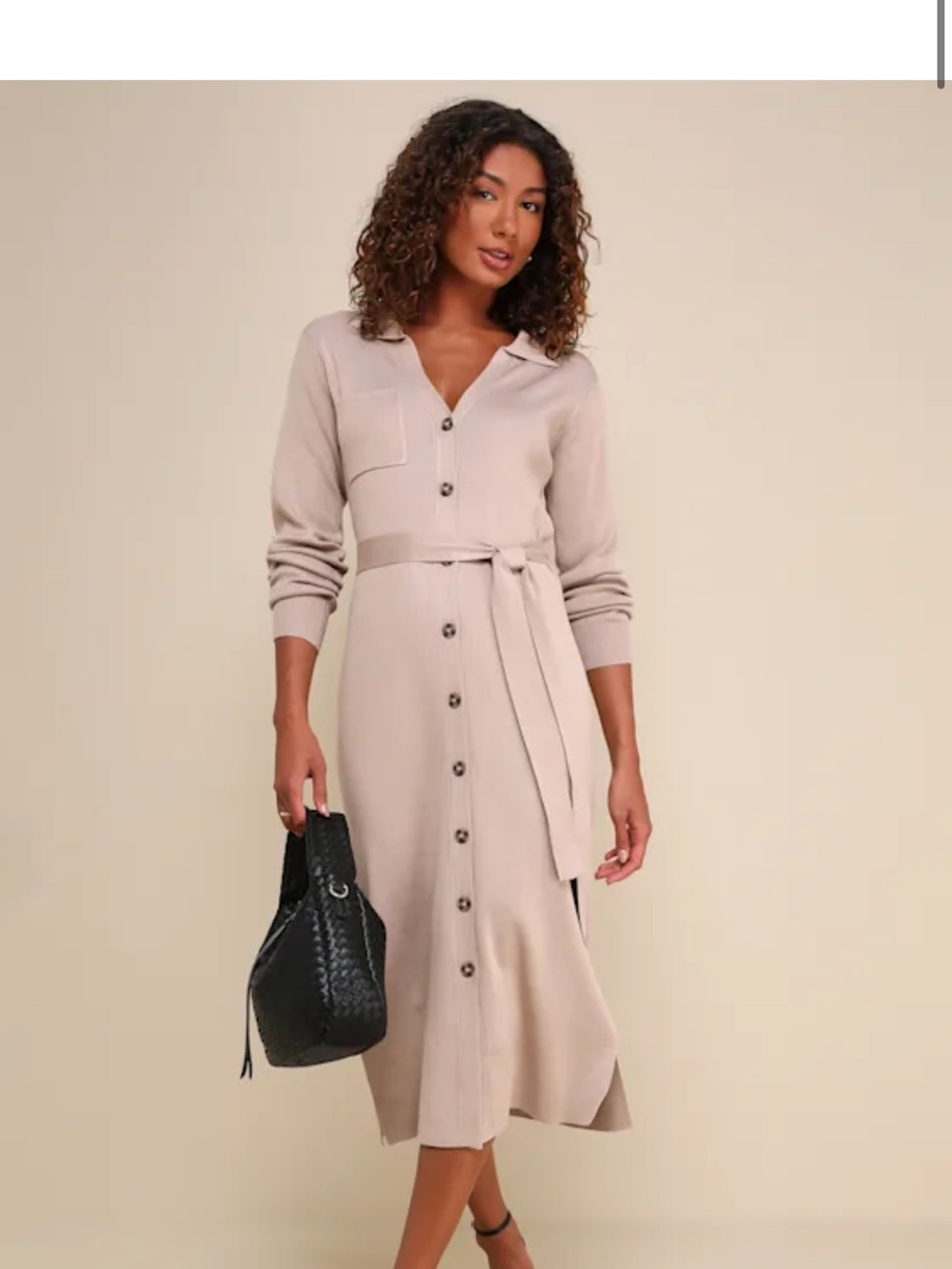 Lulu's Light Beige Button-Front Midi Dress with Tie Waist